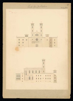 Kirche für Jerusalem Monatskonkurrenz März 1842: Aufriss Vorderansicht, Seitenansicht