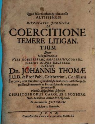 Disp. iur. de coercitione temere litigantium