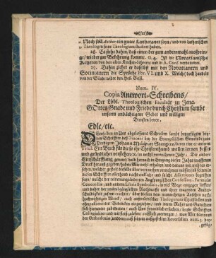 Num. IV. Copia Antwort-Schreibens/ Der Löbl. Theologischen Facultät zu Jena.