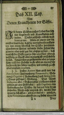 Das XII. Cap. Von Denen Kranckheiten der Säffte
