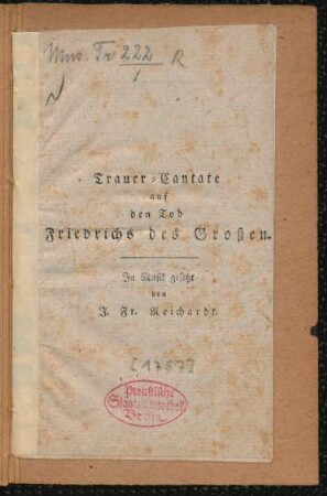 Trauer-Cantate auf den Tod Friedrichs des Großen