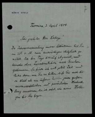Nr. 7: Brief von Gyula König an David Hilbert, Taormina, 3.4.1906