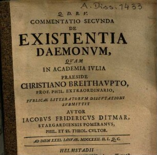 Commentatio Secunda De Existentia Daemonum