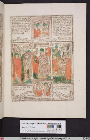 Drei biblische Szenen umgeben von vier Propheten. Links Jakob wird von seinen Söhnen getäuscht, mittig Judas Ischariot vor den Hohepriestern, rechts David und Absalom.