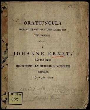 Oratiuncula Probans, In Optimis Studiis Lente Esse Festinandum Habita