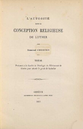 L' Autorité dans la conception religieuse de Luther