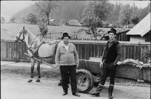 Bauern mit Pferdefuhrwerk