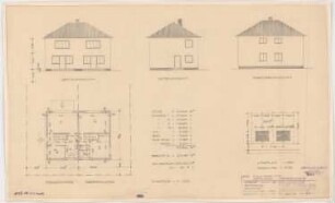 Siedlung Eichkamp, Berlin-Charlottenburg: Doppelhaus zweigeschossig, Lageplan 1:500, Grundriss, 3 Ansichten 1:100
