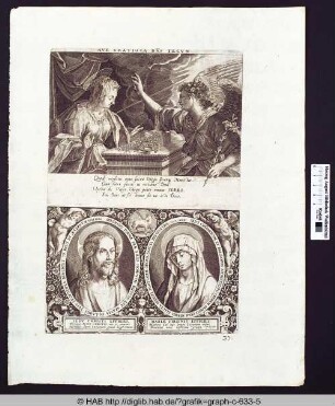 unten: Christus- und Marienporträts in ovalen Rahmen, von floralen Ornamenten umgeben.