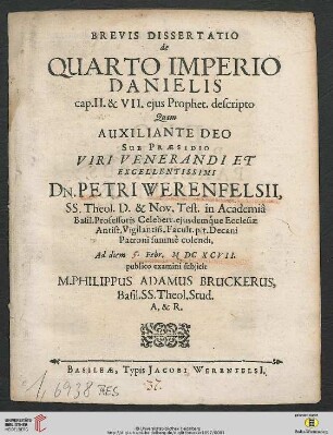 Brevis Dissertatio de Quarto Imperio Danielis : cap. II. & VII. ejus Prophet. descriptio
