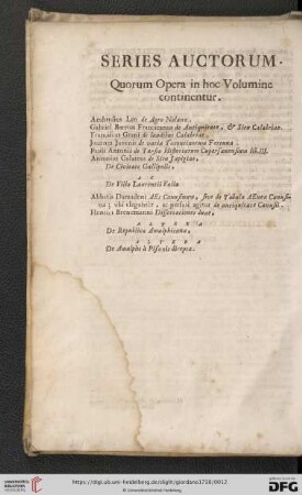 Series auctorum. Quorum Opera in hoc Volumine continentur