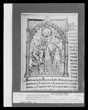 Roman des chevaliers de la table ronde, Artussage, fol. 228v, König (Meliadus?) und drei Ritter begegnen einer Dame zu Pferd