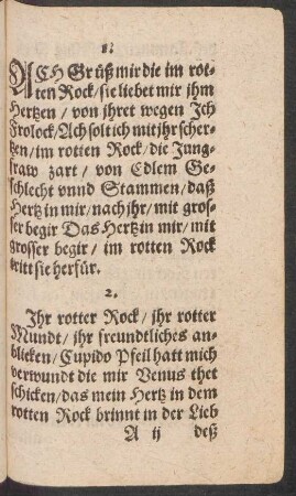 Ach Grüß mir die im rot=||ten Rock/ sie liebet mir jhm || Hertzen/