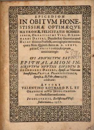 Epicedion in Obitum ... Matronae, Felicitatis Schmeisserin
