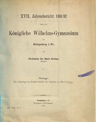 Jahresbericht über das Königliche Wilhelms-Gymnasium zu Königsberg i. Pr.. 1891/92