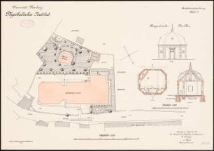 Physikalisches Institut der Philipps-Universität Marburg: Lageplan 1:250. Magnetischer Pavillon in Grundriss, Aufriss, Schnitt 1:100
