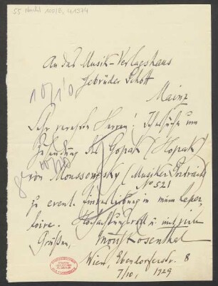 Brief an B. Schott's Söhne : 07.10.1929
