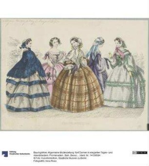 Allgemeine Modenzeitung: fünf Damen in eleganten Tages- und Abendkleidern: Promenaden-, Ball-, Besuchs- und Haustoiletten