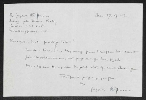 Brief von Erhart Kästner an Margarete Hauptmann
