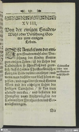 XVIII. Von der ewigen Gnaden-Wahl oder Versehung Gottes zum ewigen Leben