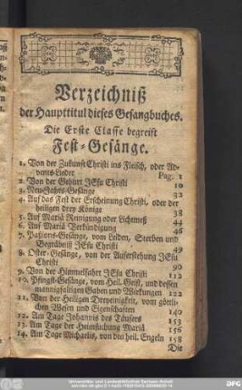 Verzeichniß der Haupttitul dieses Gesangbuches.