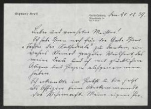 Brief von Sigmund Graff und Susanne Graff an Gerhart Hauptmann