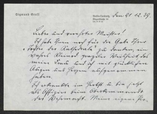 Brief von Sigmund Graff und Susanne Graff an Gerhart Hauptmann