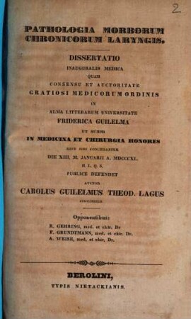 Pathologia morborum chronicorum laryngis : Diss. inaug. med.