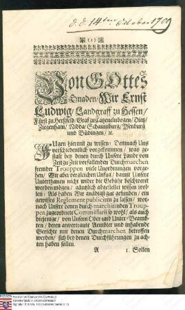 Landgraf Ernst Ludwig: Reglement für den Durchmarsch fremder Truppen (Druck)
