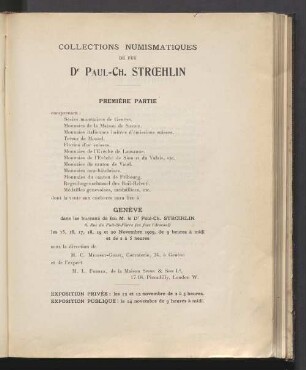 Collections numismatiques de feu Dr Paul-Ch. Stroehlin