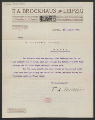 Brief an B. Schott's Söhne : 29.01.1909