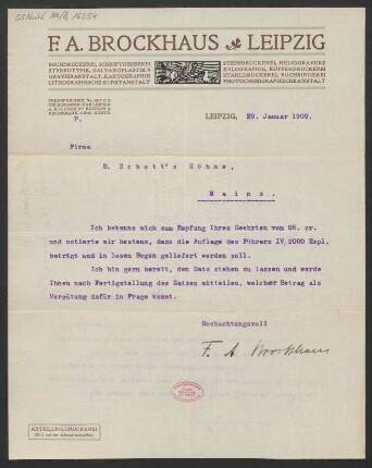 Brief an B. Schott's Söhne : 29.01.1909