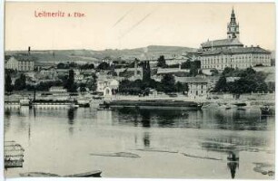 Leitmeritz. Blick über die Elbe mit Dampfer "Bastei" zum Burgberg mit Dom