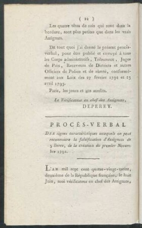 Procès-Verbal Des signes caractéristiques auxquels on peut reconnoître la falsification d'Assignats de 5 livres, de la Création du premier Novembre 1791.