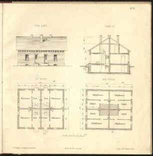 Tafel XI: Beispiel eines Arbeiterwohnhauses, Ansicht, Schnitt, Grundriss