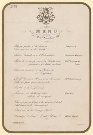 Menükarte : Menü, Kaiserhof