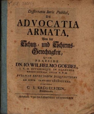 Dissertatio iuris publici de advocatia armata, von der Schutz- und Schirms-Gerechtigkeit