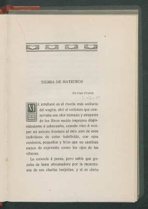 Tierra de matreros : (De cepa criolla) [introducción escrito por] Martiniano Leguizamón, Buenos Aires, setiembre 14 de 1897