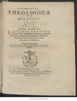 Disputatio Theologica De Miraculis Prima