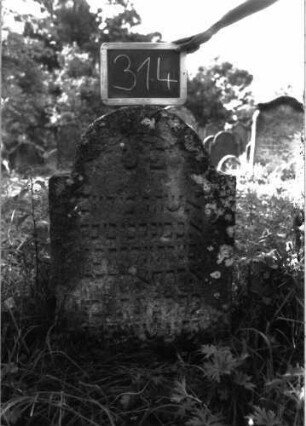 Grabstein 314 (Index: 100103116) Material: Sandstein Zustand: stark verwittert, teilweiser Textverlust Maße HxBxT: 92x56x8 cm Beschreibung: Stele, eingezogener Rundbogenabschluss, Schriftfeld eingetieft: Grabstein 314