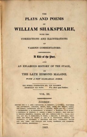 The plays and poems of William Shakspeare : With a new glossarial index. 3. - 549 S.
