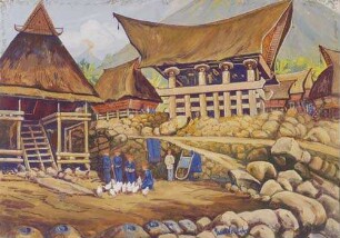 Toba-Bataksiedlung mit auf dicken Pfählen und Holzsäulen stehenden Wohnhütten und Reisspeicher. (Sumatra)