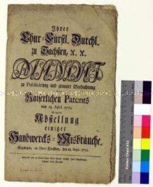 Mandat von Friedrich August III. Kurfürst von Sachsen betreffend die Abstellung von Handwerksmissbräuchen