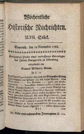 XLVII. Stück. Bayreuth, den 19. November 1766.