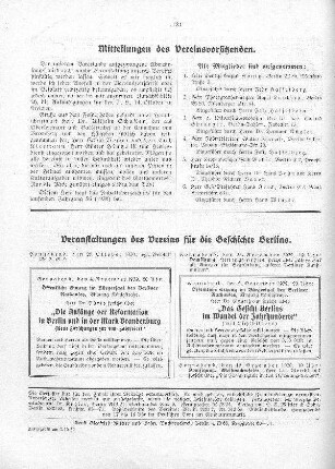Mitteilungen des Vereinsvorsitzenden