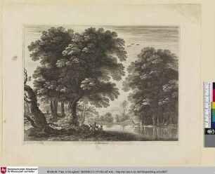 [Waldlandschaft an einem See mit zwei Rastenden]