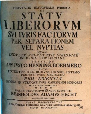 Dispvtatio Inavgvralis Ivridica De Statv Liberorvm Svi Ivris Factorvm Per Separationem Vel Nvptias