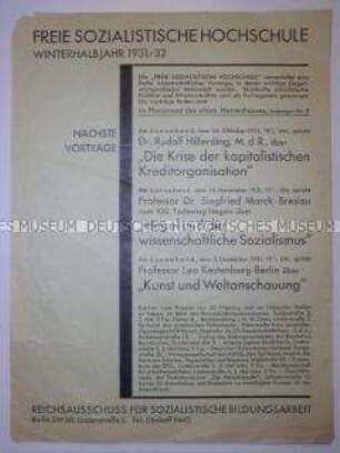 Veranstaltungsplan der Freien Sozialistischen Hochschule für Oktober-Dezember 1931