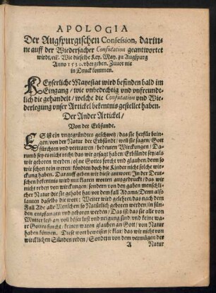 Apologia Der Augspurgischen Confession, darinne auff der Wiedersacher Confutation geantwortet wird ...