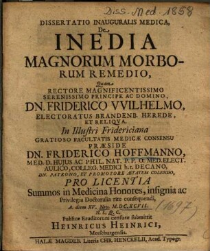 Dissertatio Inauguralis Medica, De Inedia Magnorum Morborum Remedio